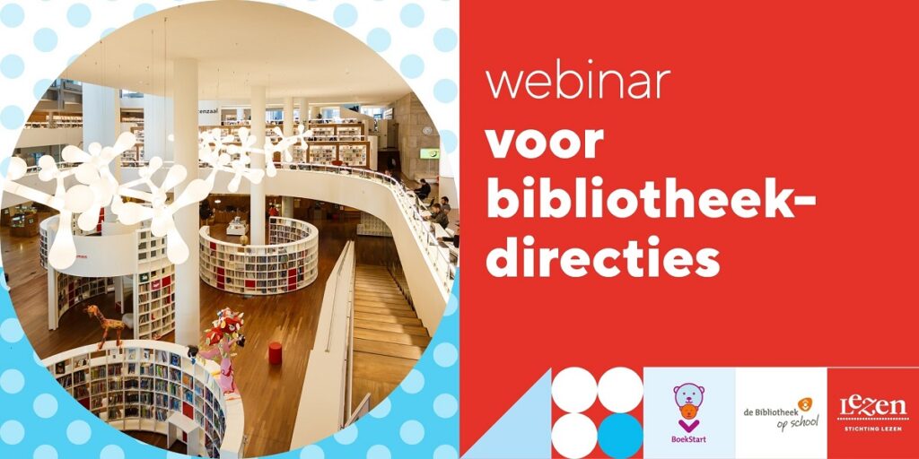 Webinar voor bibliotheekdirecties in rood vlak rechts, links een afbeelding van een bibliotheek