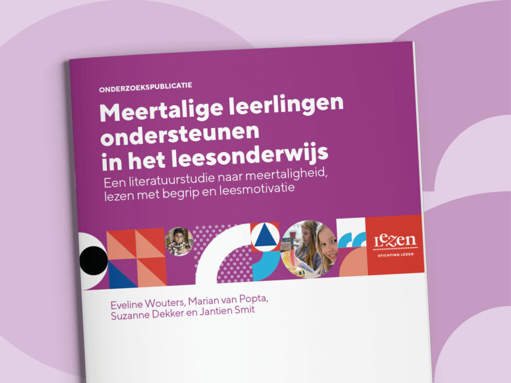 Cover onderzoekspublicatie Meertalige leerlingen ondersteunen in het leesonderwijs op paarse achtergrond.